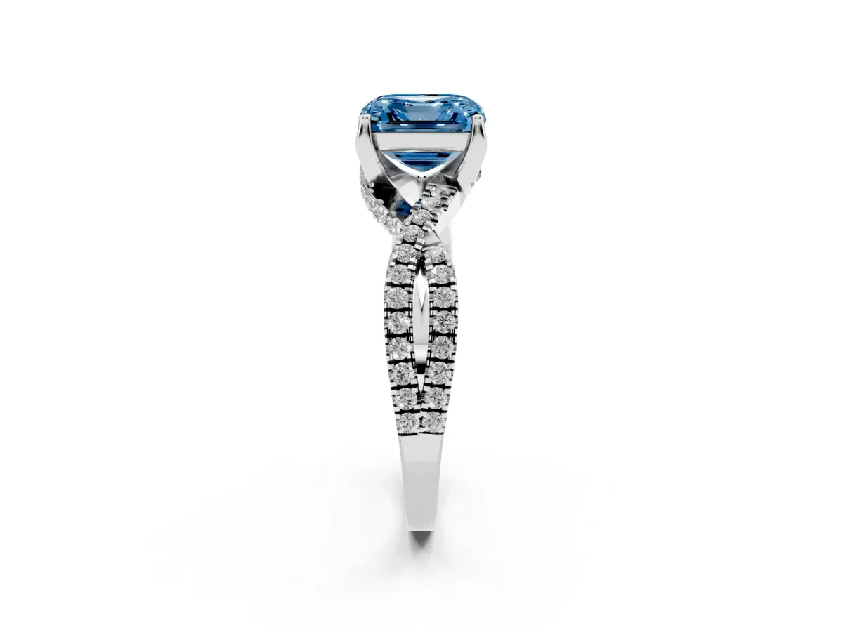 Fancy Blue Asscher Cut Solitaire Twist Pave Diamond Engagement Ring with Prong Setting Platinum