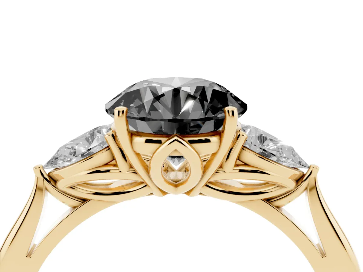 Fancy Black Three-Stone Round Cut Brilliant Diamond Solitaire Ring with Tapered Band and Four-Prong Setting Yellow gold