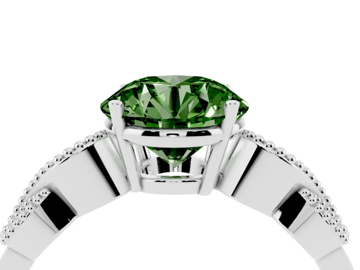 Fancy Green Round Cut Solitaire Milgrain Leaf Band with Prong Setting Silver