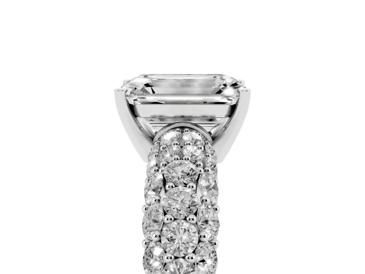 Emerald Cut Diamond Pavé Band Solitaire Ring with Four-Prong Setting Silver