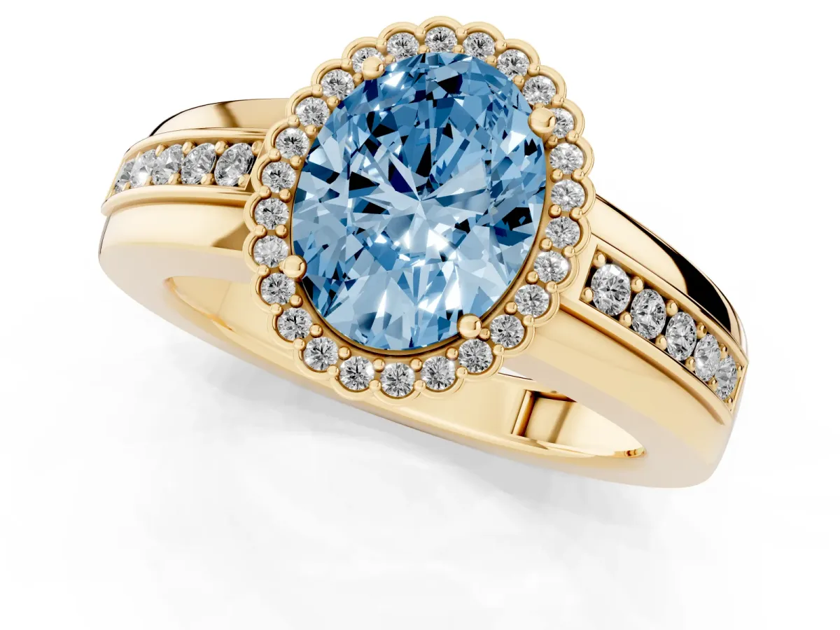 Fancy Blue Oval Cut Cut Halo Pave Band Four-Prong Ring Yellow gold