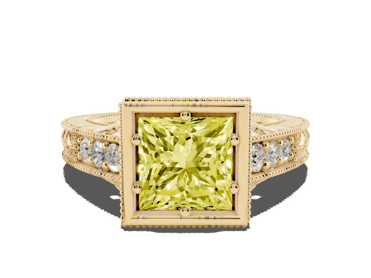 Fancy Yellow Bezel Set Princess Cut Diamond Milgrain Pave Engagement Ring Yellow gold