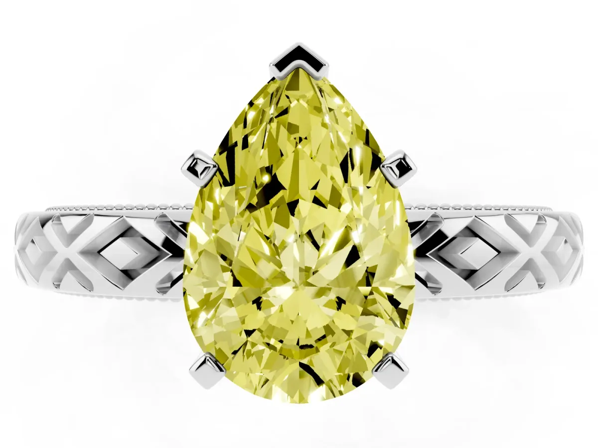 Fancy Yellow Pear Cut Solitaire Diamond Ring with Milgrain and Black Enamel X Pattern Band Silver