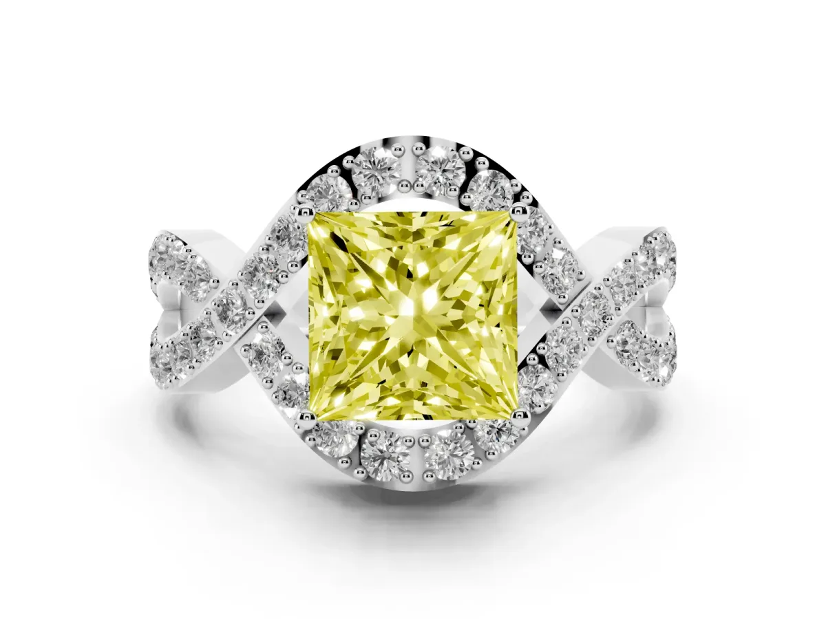 Fancy Yellow Princess Cut Solitaire Twist Band Pavé Diamond Engagement Ring Silver