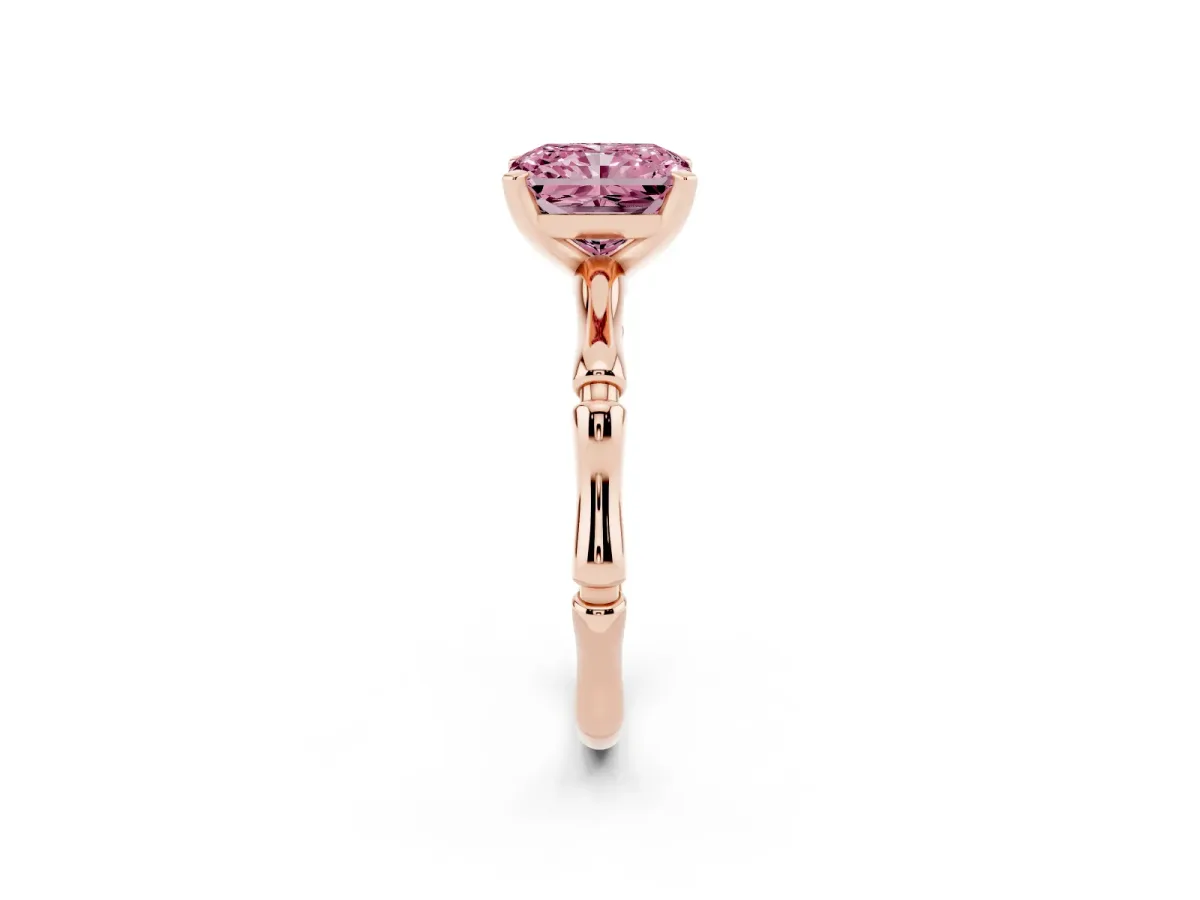 Fancy Pink Radiant Cut Solitaire Diamond Ring with Bamboo Band and Four-Prong Setting Rose gold