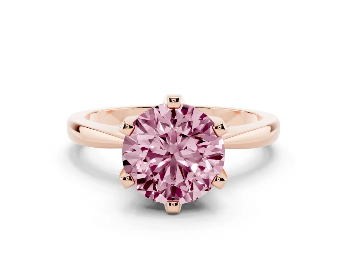 Fancy Pink Round Cut Solitaire Engagement Ring with Six-Prong Setting and Tapered Band Rose gold