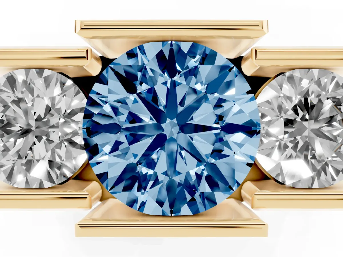 Fancy Blue Three Stone Round Cut Cut Channel Set Diamond Ring Yellow gold