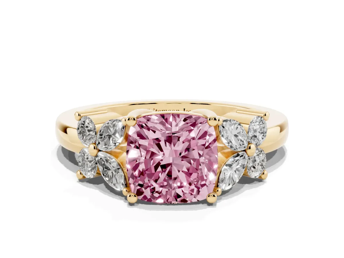 Fancy Pink Cushion Cut Diamond Floral Cluster Ring with Solitaire Band and Prong Setting Yellow gold