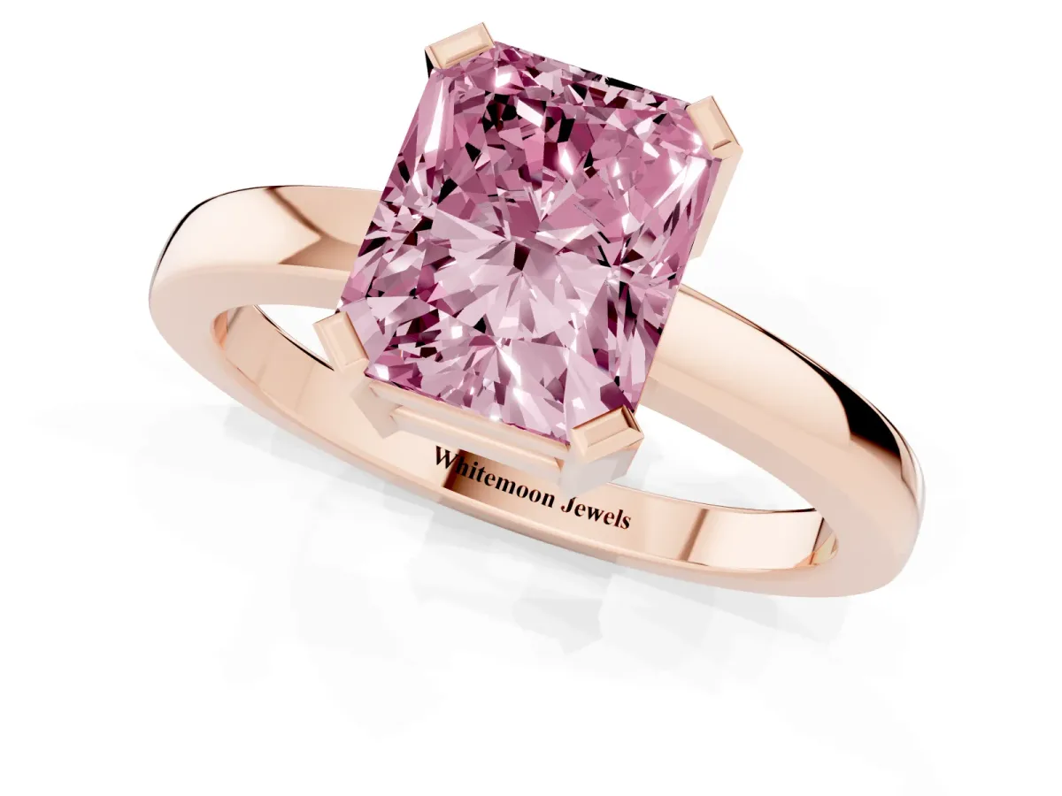 Fancy Pink Radiant Cut Cut Solitaire Ring with Four-Prong Setting and Classic Band Rose gold