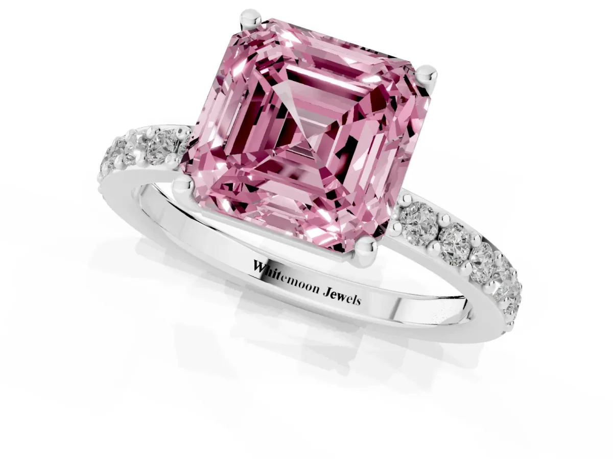 Fancy Pink Asscher Cut Cut Diamond Solitaire with Pave Band and Four-Prong Setting Platinum