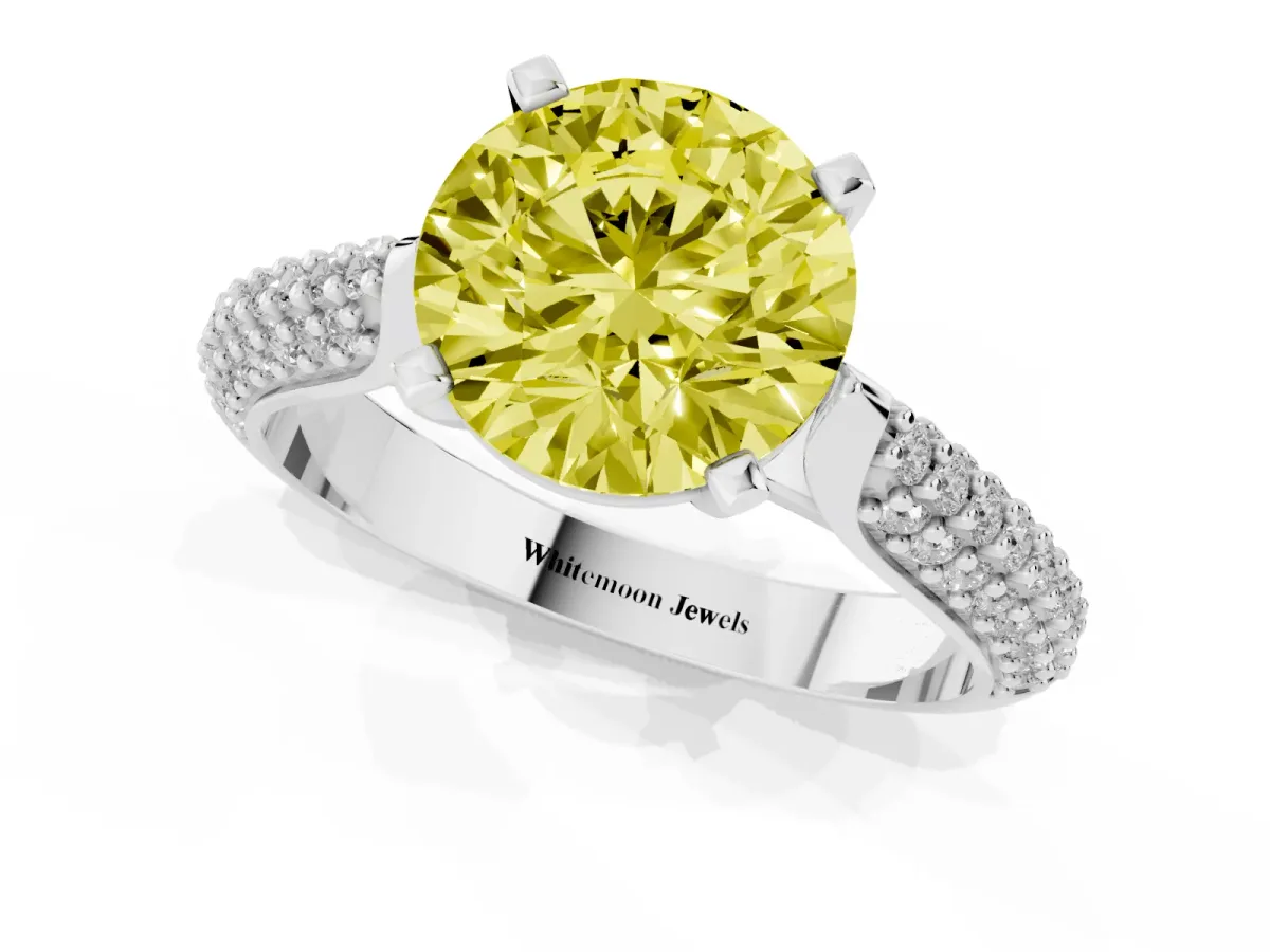 Fancy Yellow Round Cut Diamond Solitaire Engagement Ring with Multi-Row Round Pavé Band and Prong Setting White gold