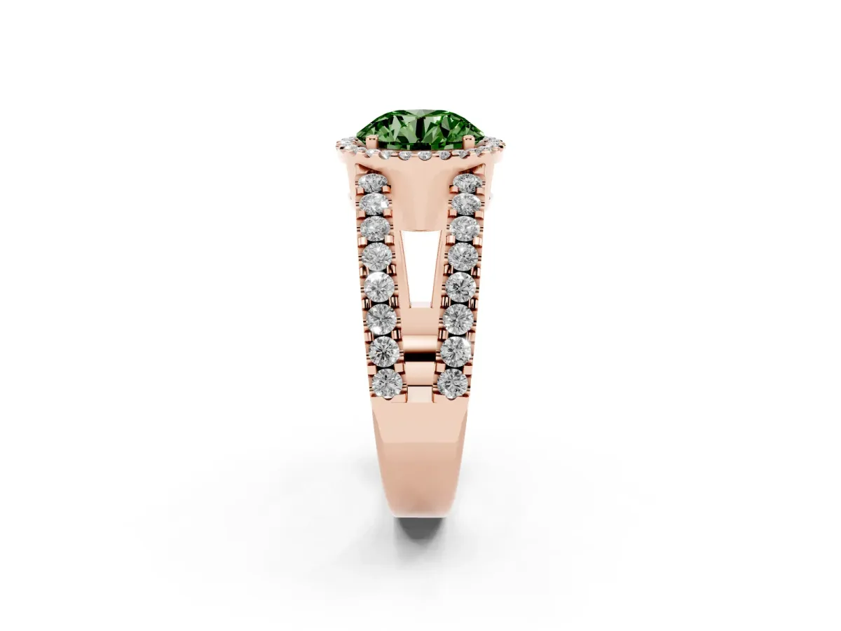 Fancy Green Round Cut Cut Halo Split Shank Diamond Ring with Four-Prong Setting Rose gold