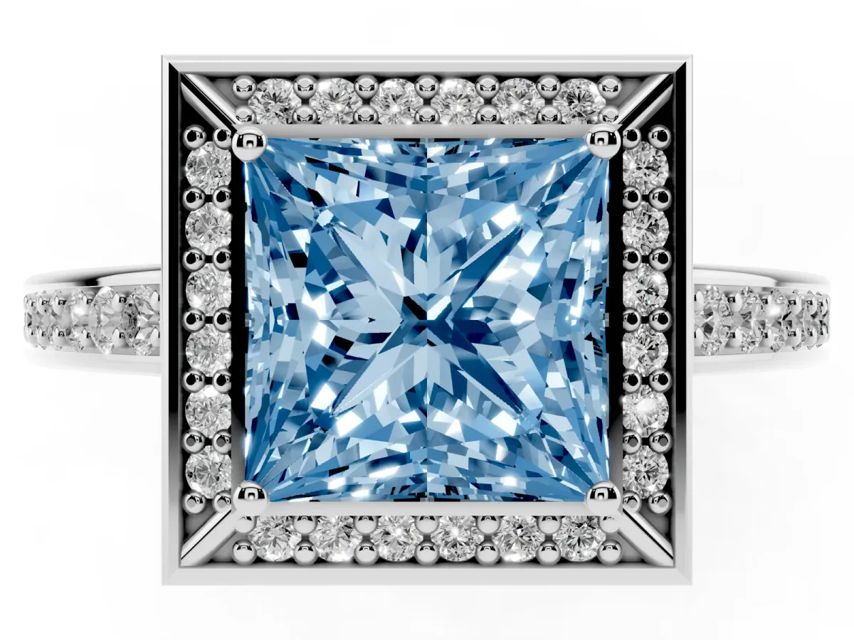 Fancy Blue Princess Cut Cut Halo Pave Split Shank Prong Setting Ring Silver