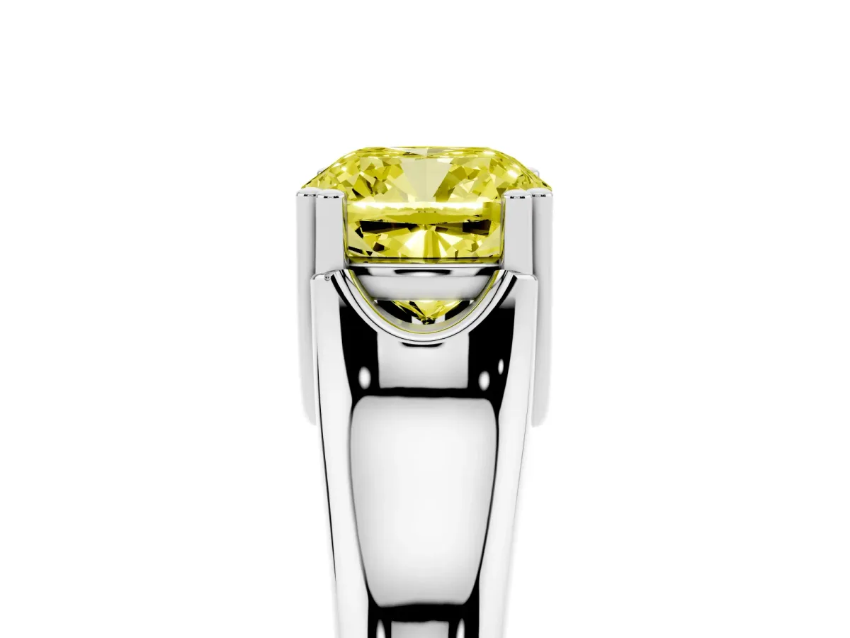 Fancy Yellow Cushion Cut Diamond Solitaire Ring with Wide Band and Prong Setting Silver