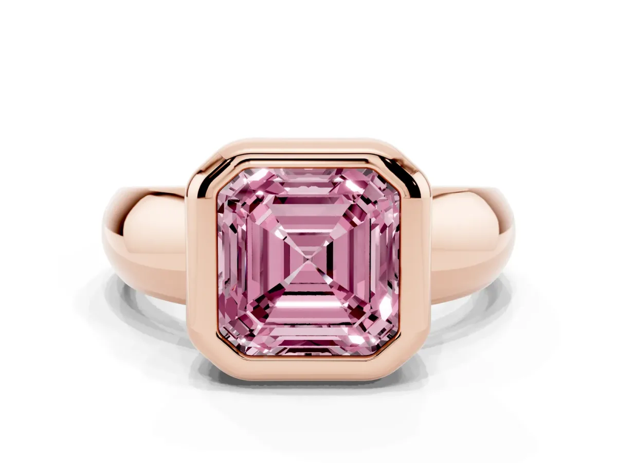 Fancy Pink Bezel Set Asscher Cut Solitaire Ring with Wide Band Rose gold