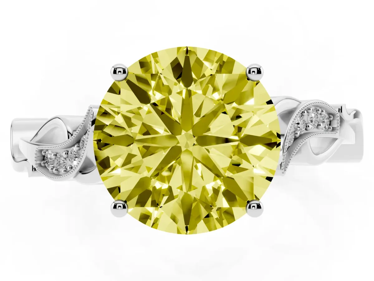 Fancy Yellow Round Cut Solitaire Vine Band with Milgrain Prong Setting Silver