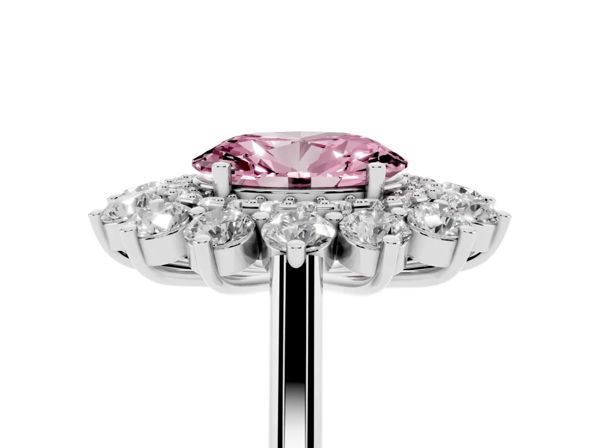 Fancy Pink Oval Cut Diamond Floral Double Halo Engagement Ring with Prong Setting Platinum