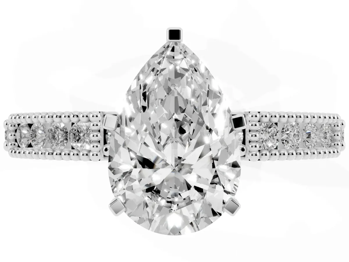 Pear Cut Solitaire with Pavé Band and Four-Prong Setting White gold