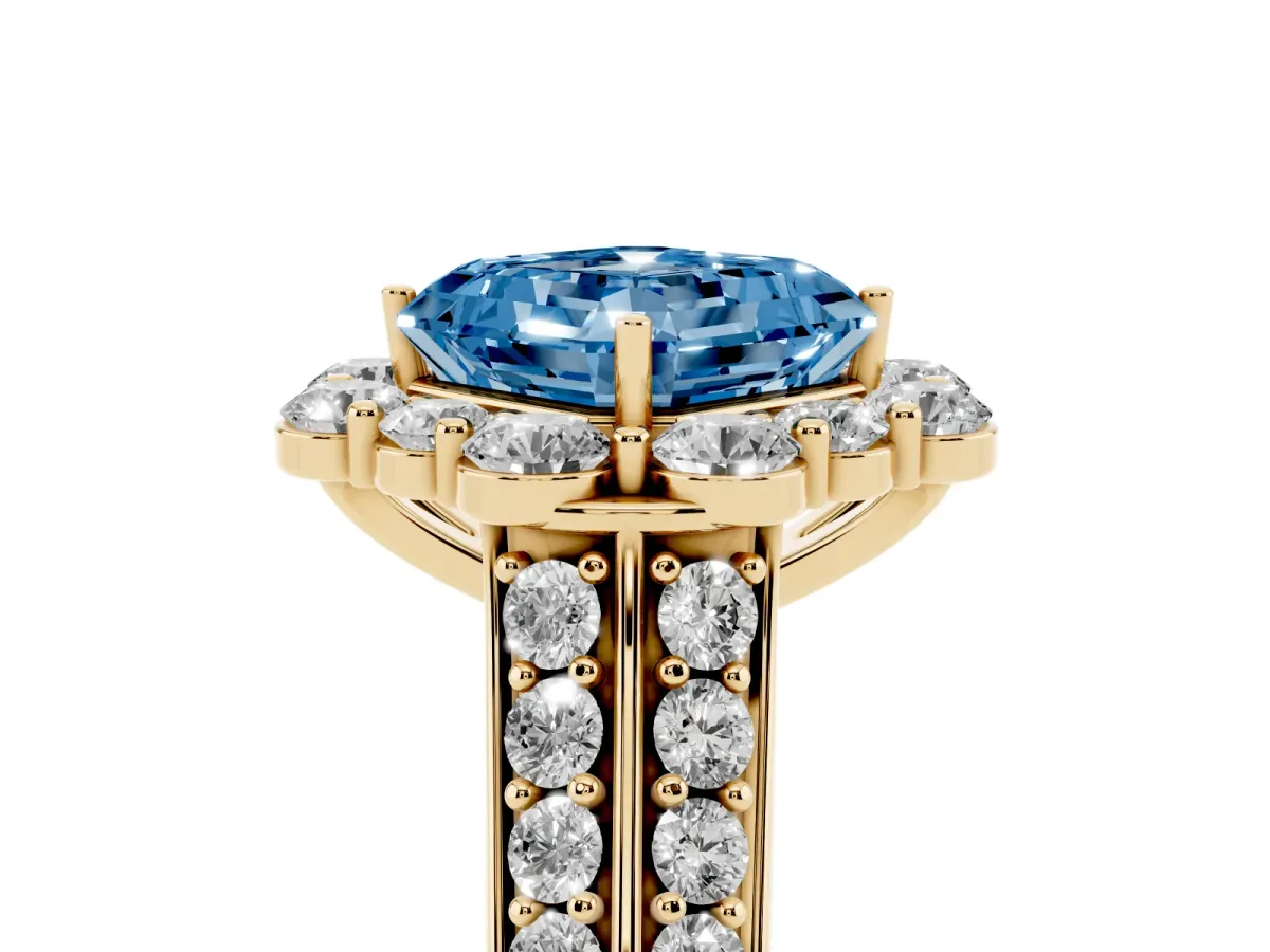 Fancy Blue Asscher Cut Halo Diamond Engagement Ring with Split Shank and Prong Setting Yellow gold