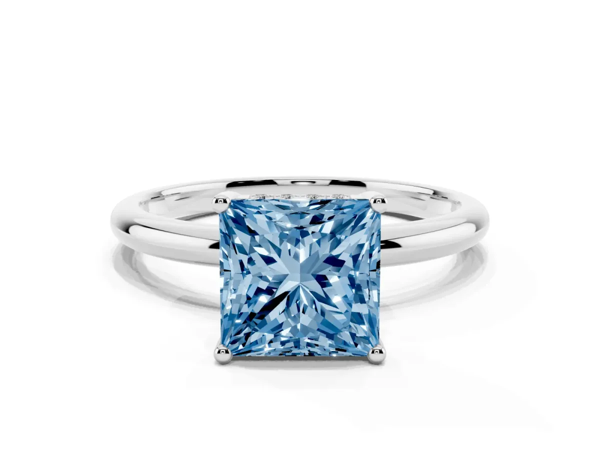 Fancy Blue Princess Cut Cut Solitaire Engagement Ring with Four-Prong Setting and Classic Band Silver