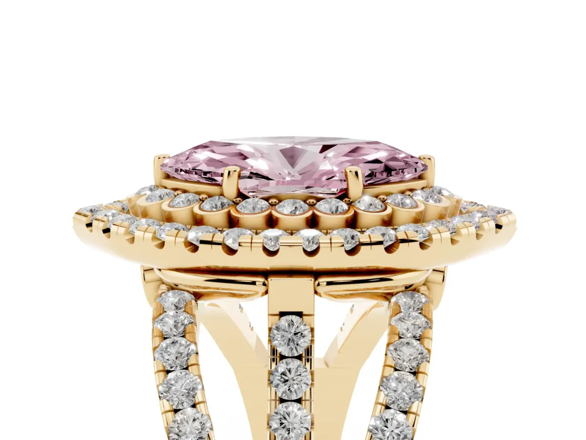 Fancy Pink Marquise Cut Diamond Double Halo Ring with Round Pavé Split Shank and Prong Setting Yellow gold