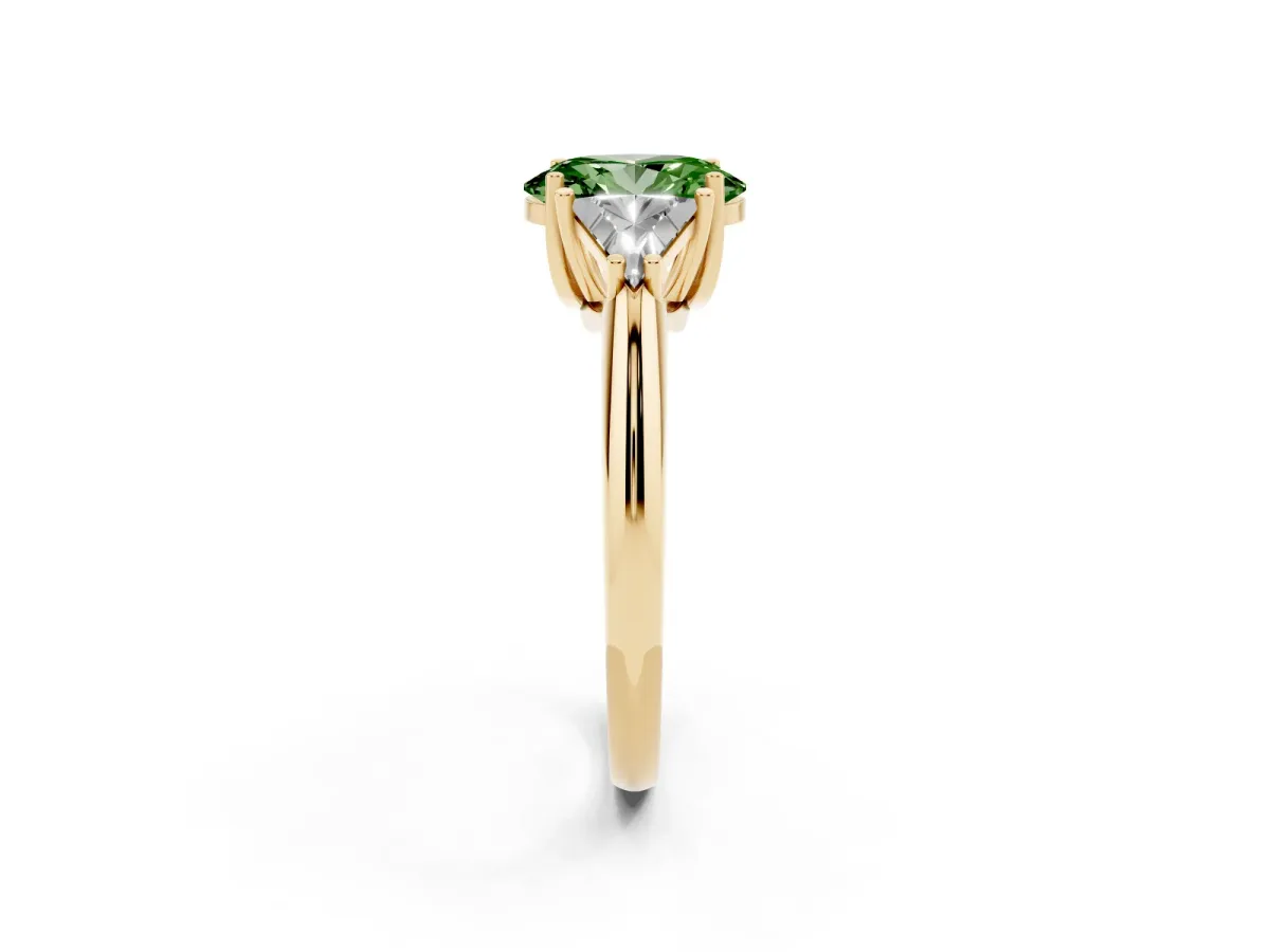 Fancy Green Three-Stone Oval Cut Diamond Engagement Ring with Trillion Side Stones and Prong Setting Yellow gold