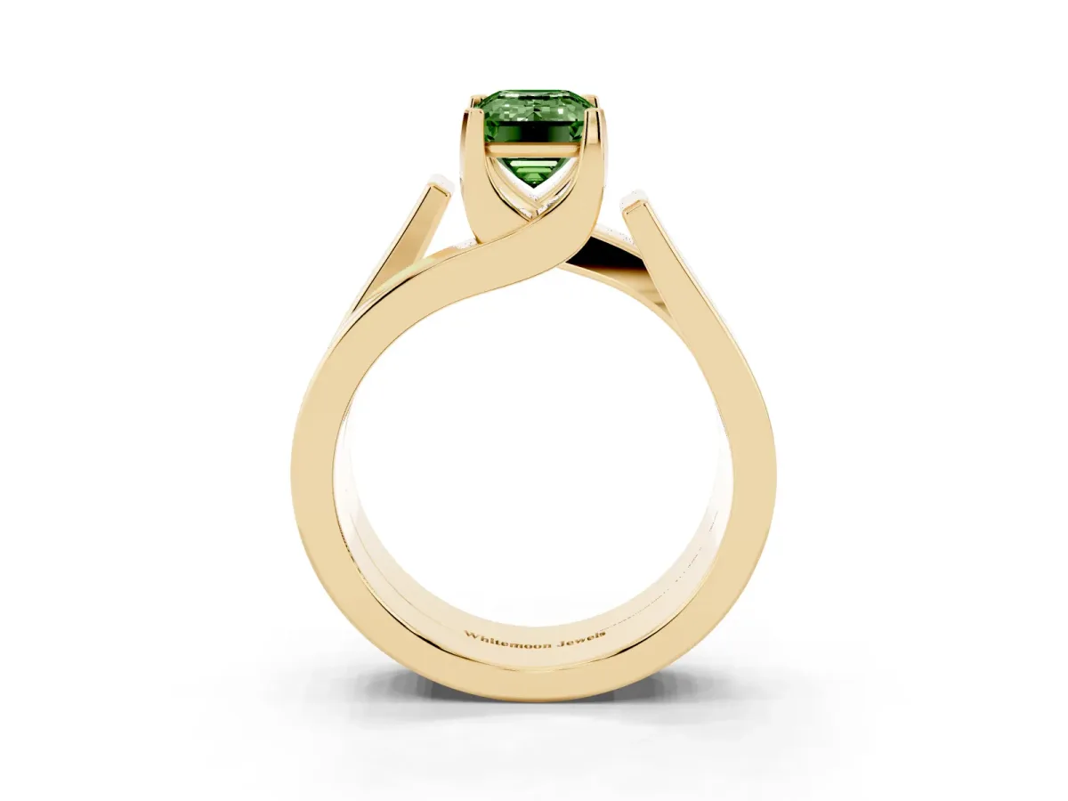 Fancy Green Modern Tension Set Emerald Cut Diamond Solitaire Wide Band Ring Yellow gold