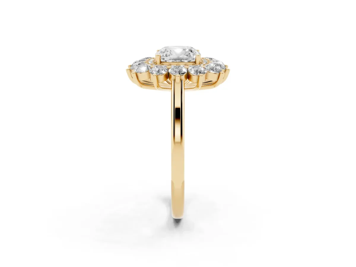 Cushion Cut Diamond Floral Double Halo Engagement Ring with Prong Setting Yellow gold