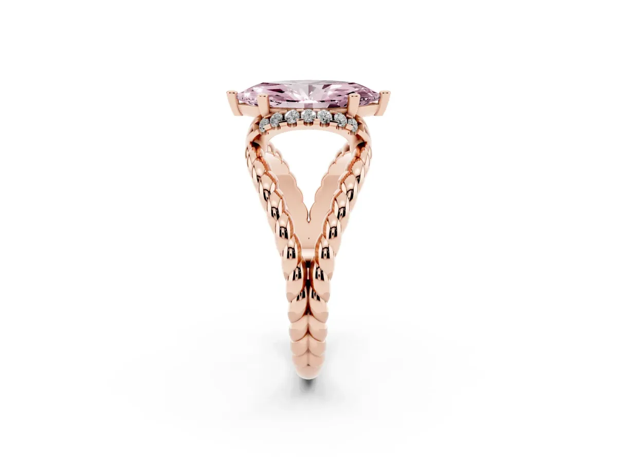 Fancy Pink Marquise Cut Halo Twisted Band Four-Prong Ring Rose gold