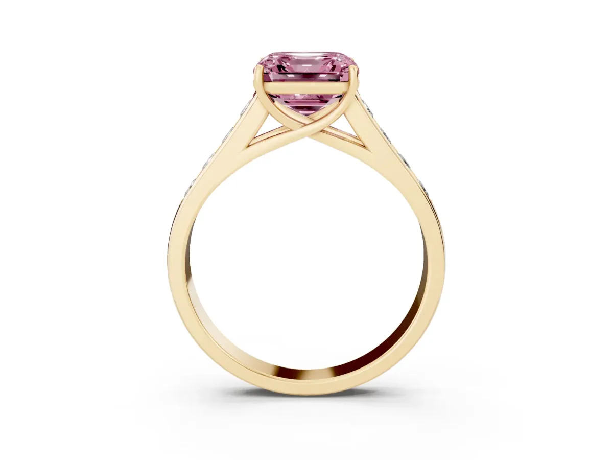 Fancy Pink Asscher Cut Brilliant Channel-Set Solitaire Ring with Four-Prong Setting Yellow gold