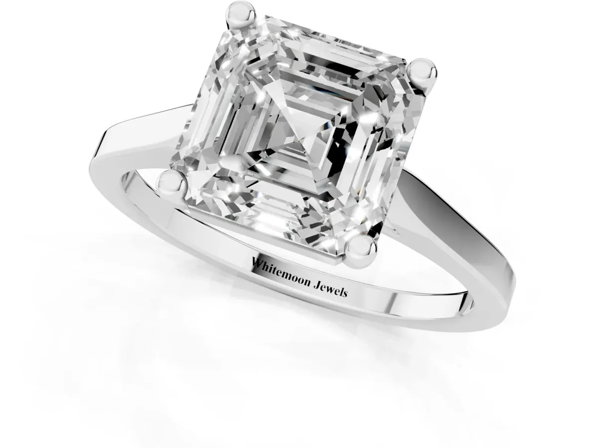 Asscher Cut Solitaire Diamond Ring with Four-Prong Setting and Tapered Band White gold