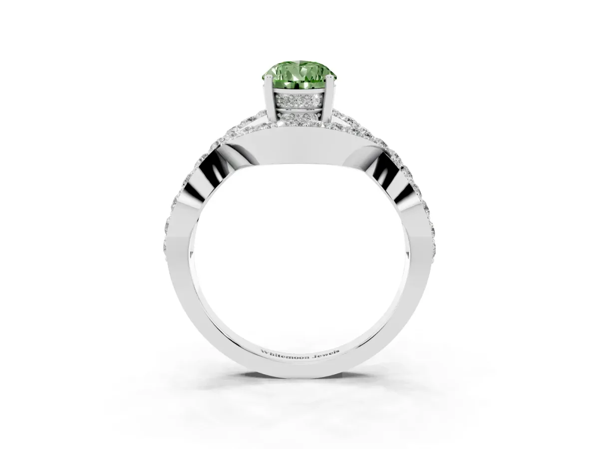 Fancy Green Pear Cut Solitaire Twist Band Pavé Diamond Engagement Ring Silver