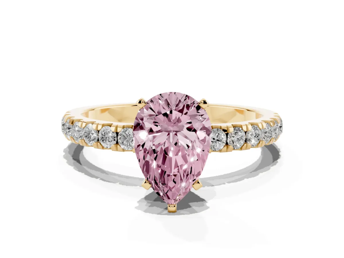 Fancy Pink Pear Cut Diamond Solitaire Ring with Pavé Accents and Four-Prong Setting Yellow gold