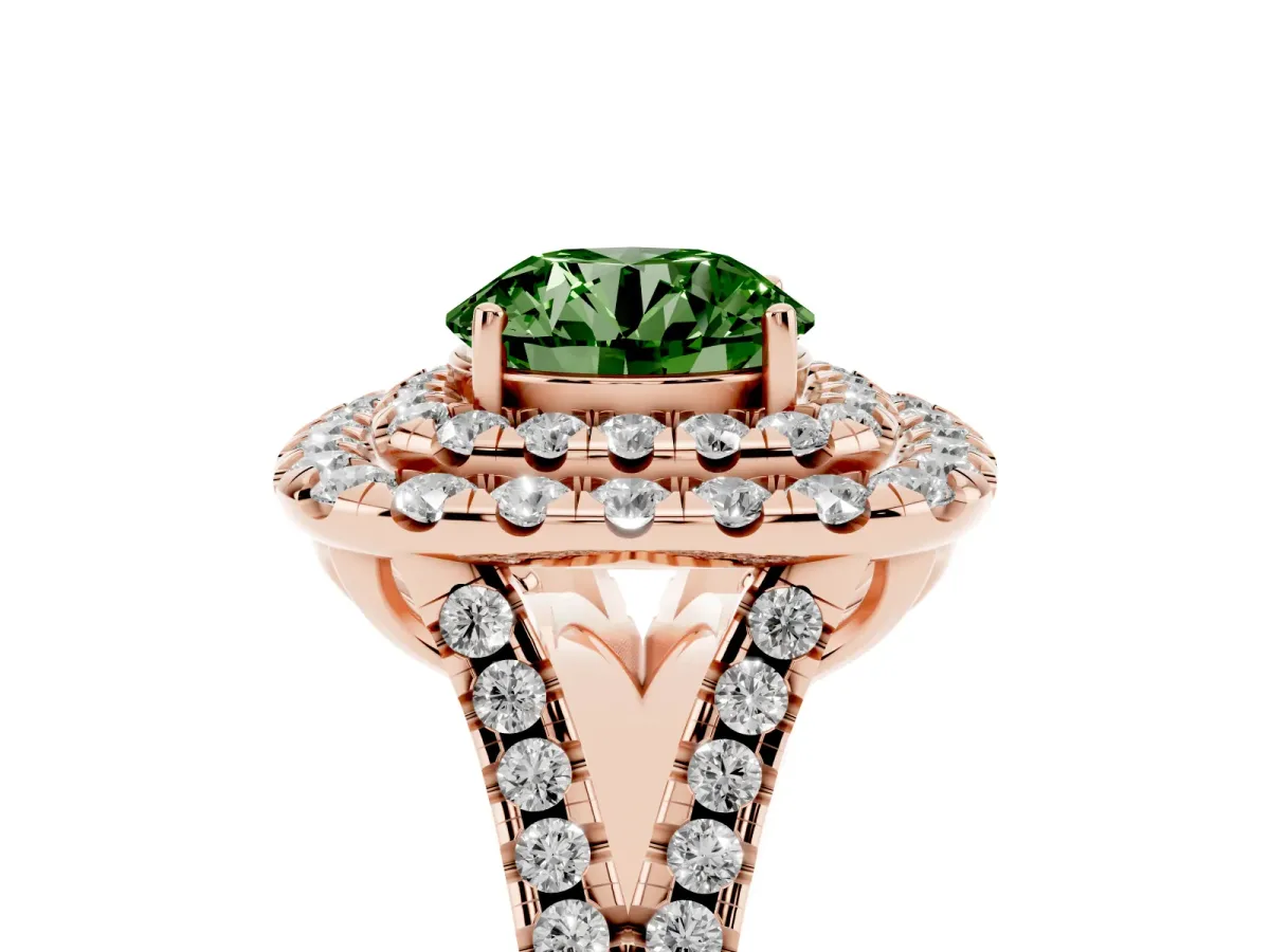 Fancy Green Double Halo Round Cut Diamond Pavé Split Shank Ring with Prong Setting Rose gold