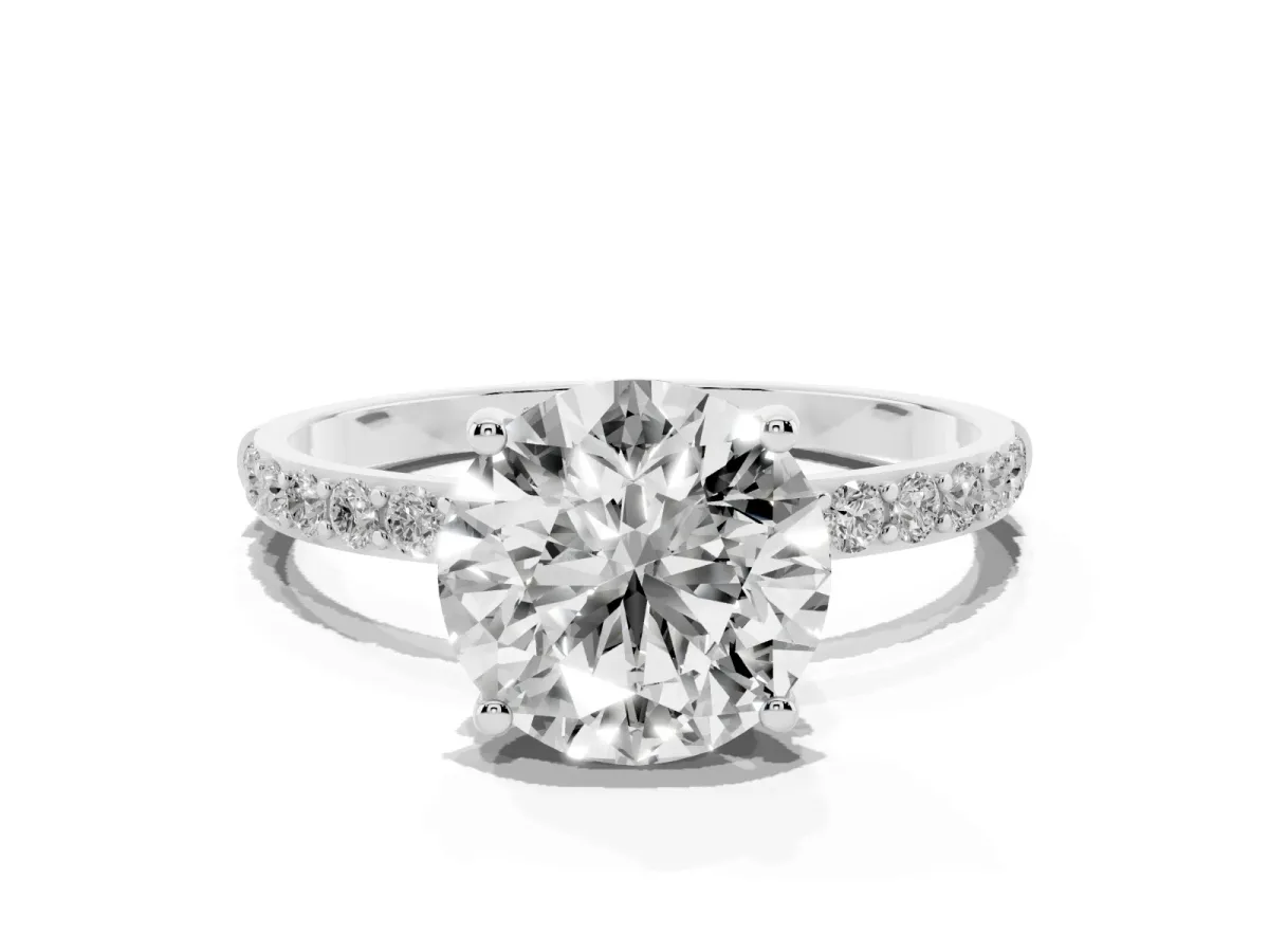 Round Cut Diamond Solitaire Ring with Round Pavé Shoulders and Prong Setting Platinum