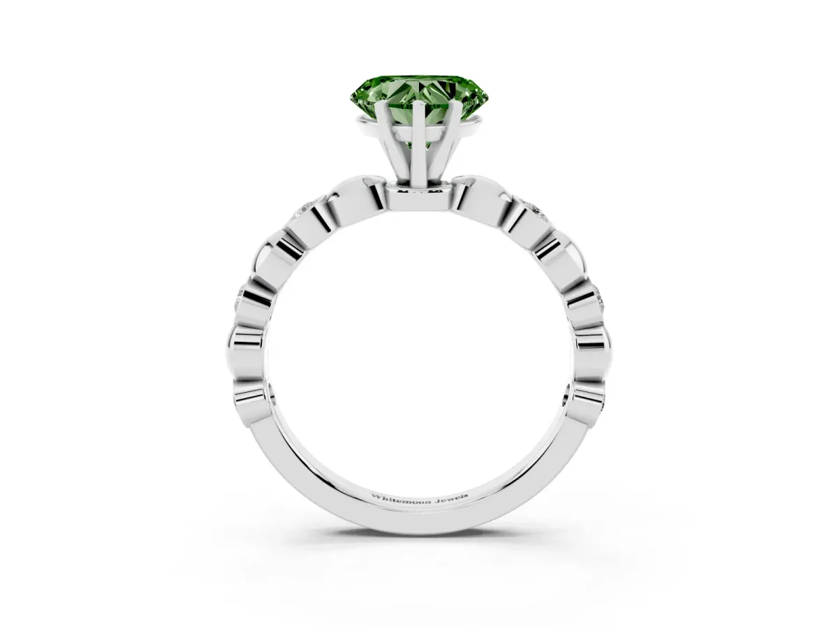 Fancy Green Heart Cut Solitaire Bezel-Set Diamond Ring with Beaded Band and Four-Prong Setting Silver