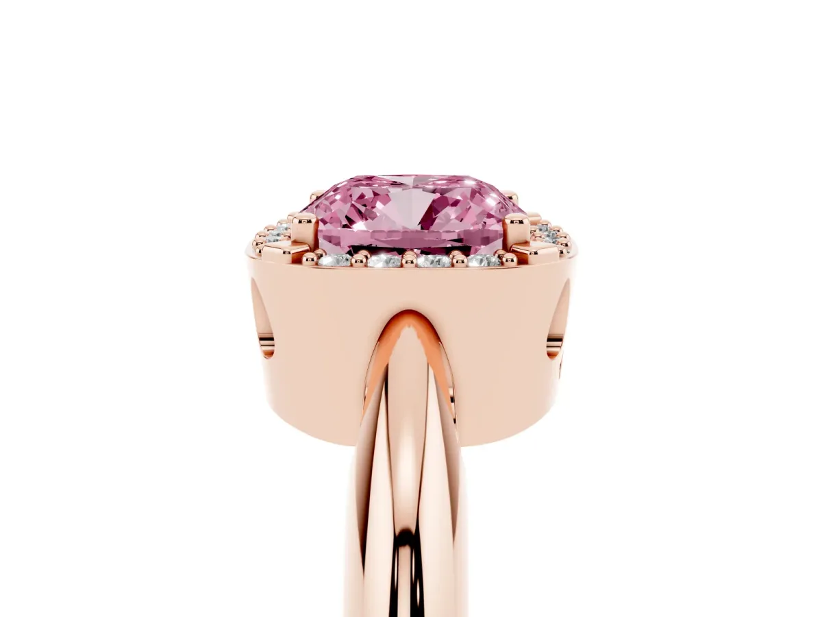 Fancy Pink Cushion Cut Cut Diamond Halo Engagement Ring with Split Shank and Four-Prong Setting Rose gold