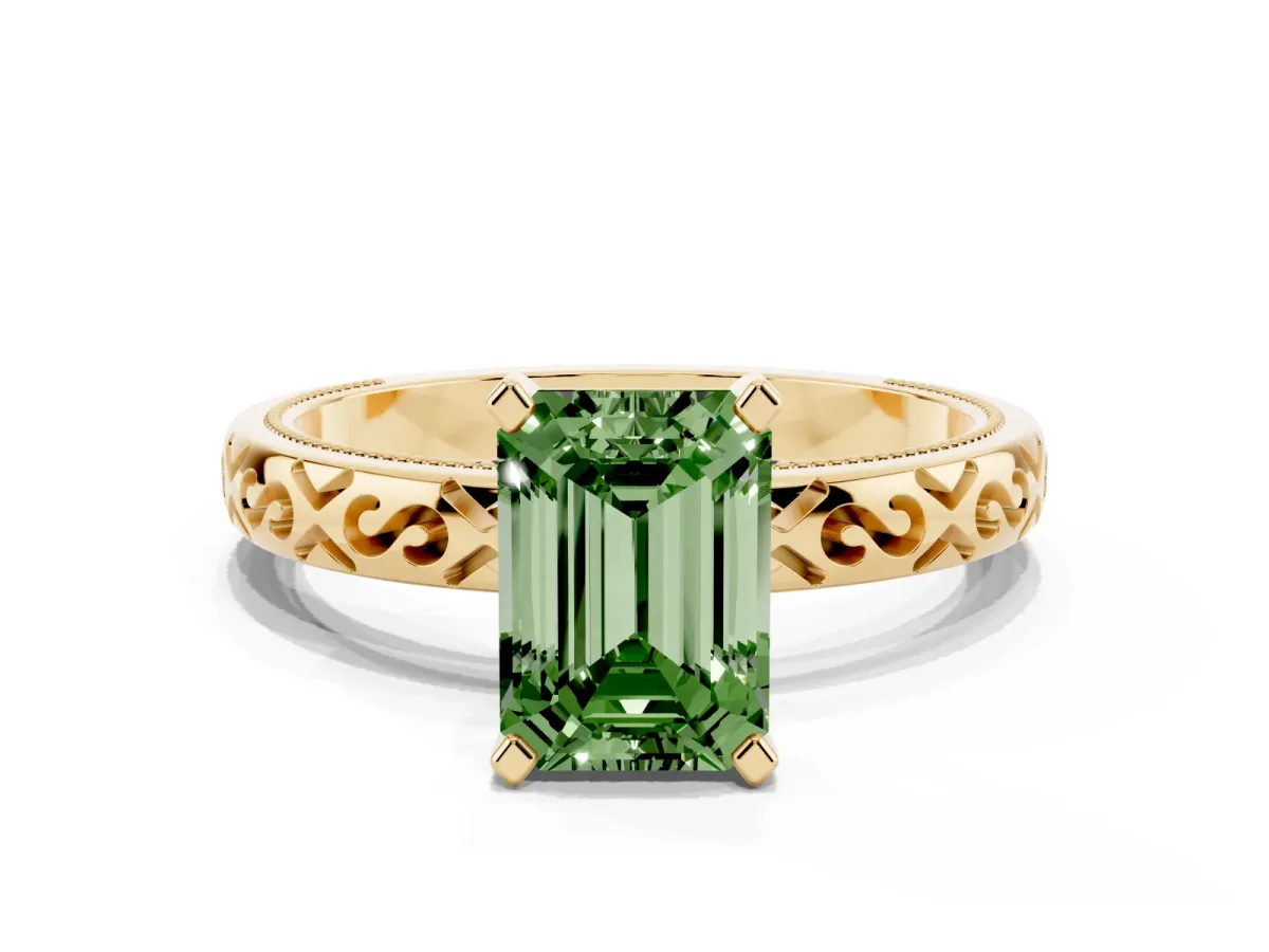 Fancy Green Emerald Cut Solitaire Engagement Ring with Scrollwork Band and Four-Prong Setting Yellow gold
