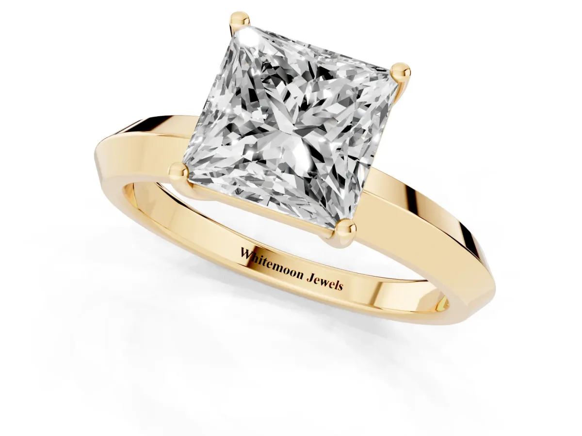Princess Cut Cut Solitaire Engagement Ring with Flat Band and Four-Prong Setting Yellow gold
