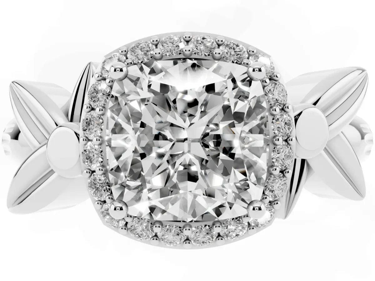 Cushion Cut Halo Diamond Floral Band with Four-Prong Setting White gold