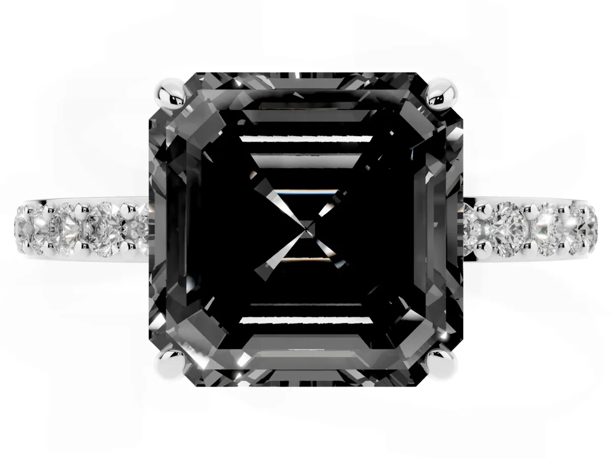 Fancy Black Asscher Cut Diamond Pavé Engagement Ring with Round Accents and Prong Setting Silver