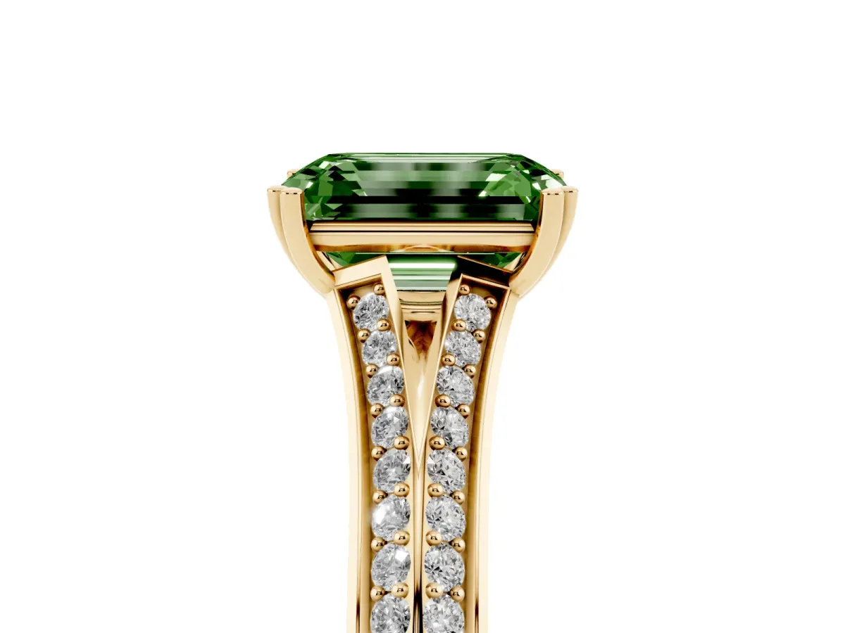 Fancy Green Emerald Cut Diamond Split Shank Engagement Ring with Pavé Band Yellow gold