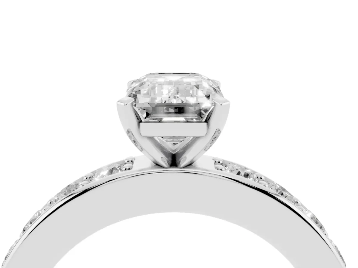 Emerald Cut Diamond Engagement Ring with Channel Set Round Band and Prong Setting Silver