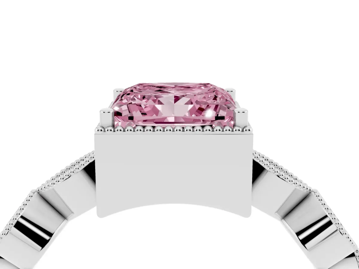 Fancy Pink Princess Cut Diamond Vintage Milgrain Ring with Round Stations Silver
