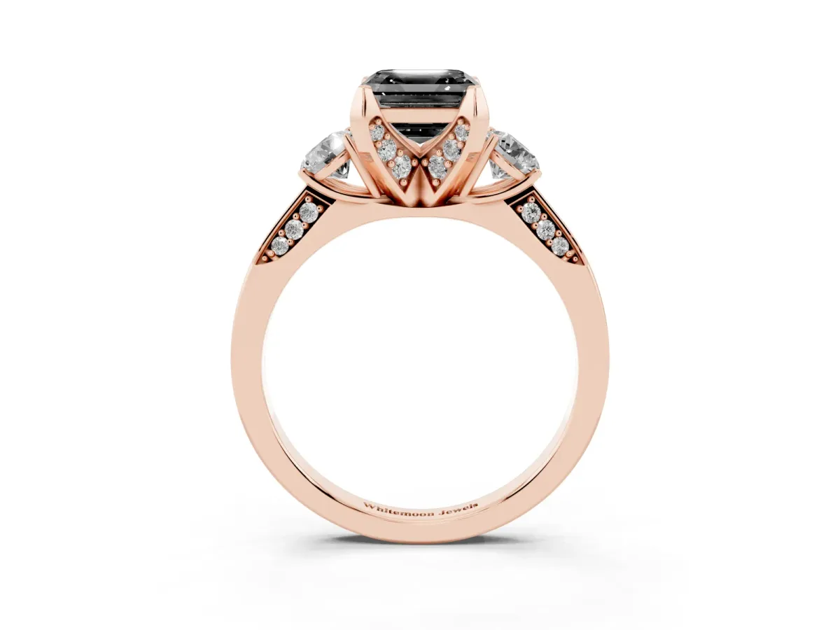 Fancy Black Asscher Cut Brilliant Three-Stone Diamond Ring with Pavé Band and Four-Prong Setting Rose gold