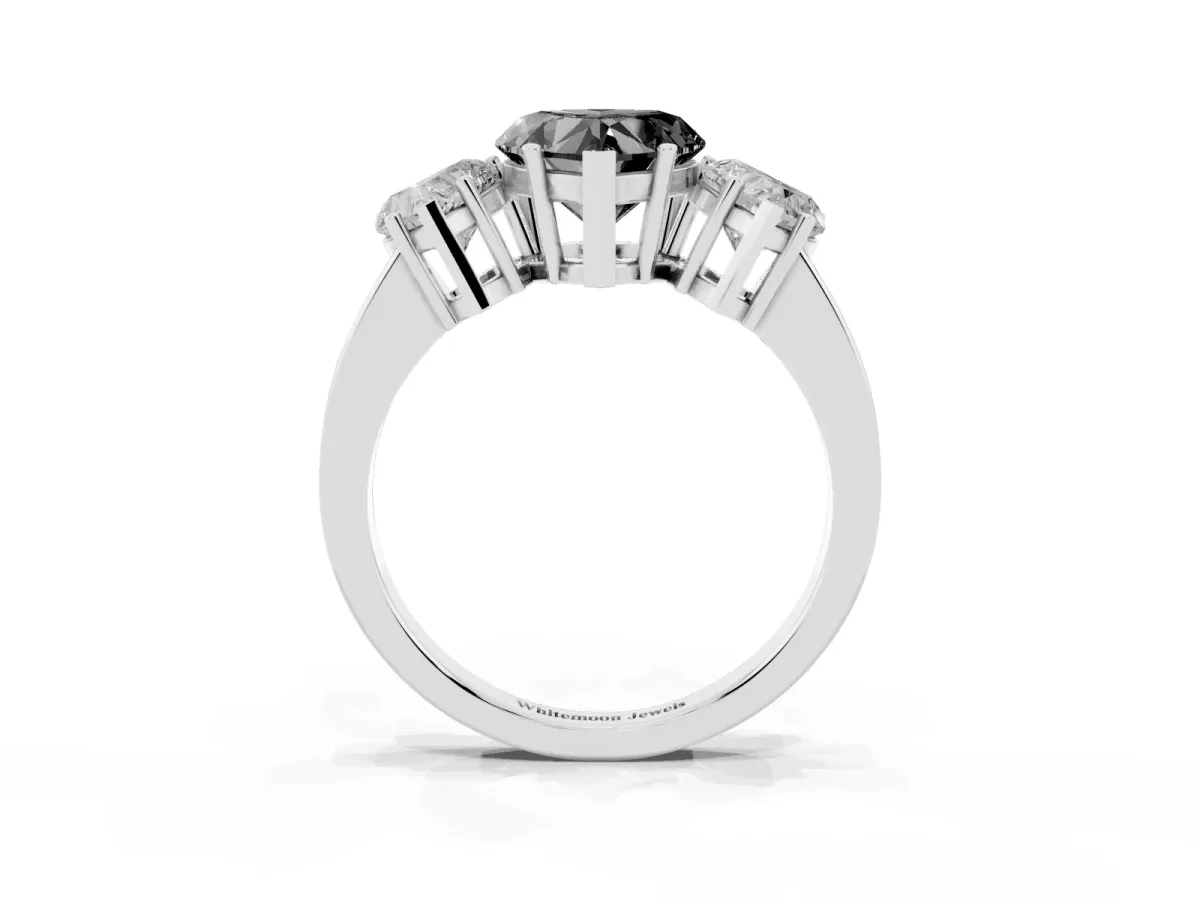 Fancy Black Three-Stone Heart Cut Cut Diamond Engagement Ring with Flat Band and Four-Prong Setting Silver