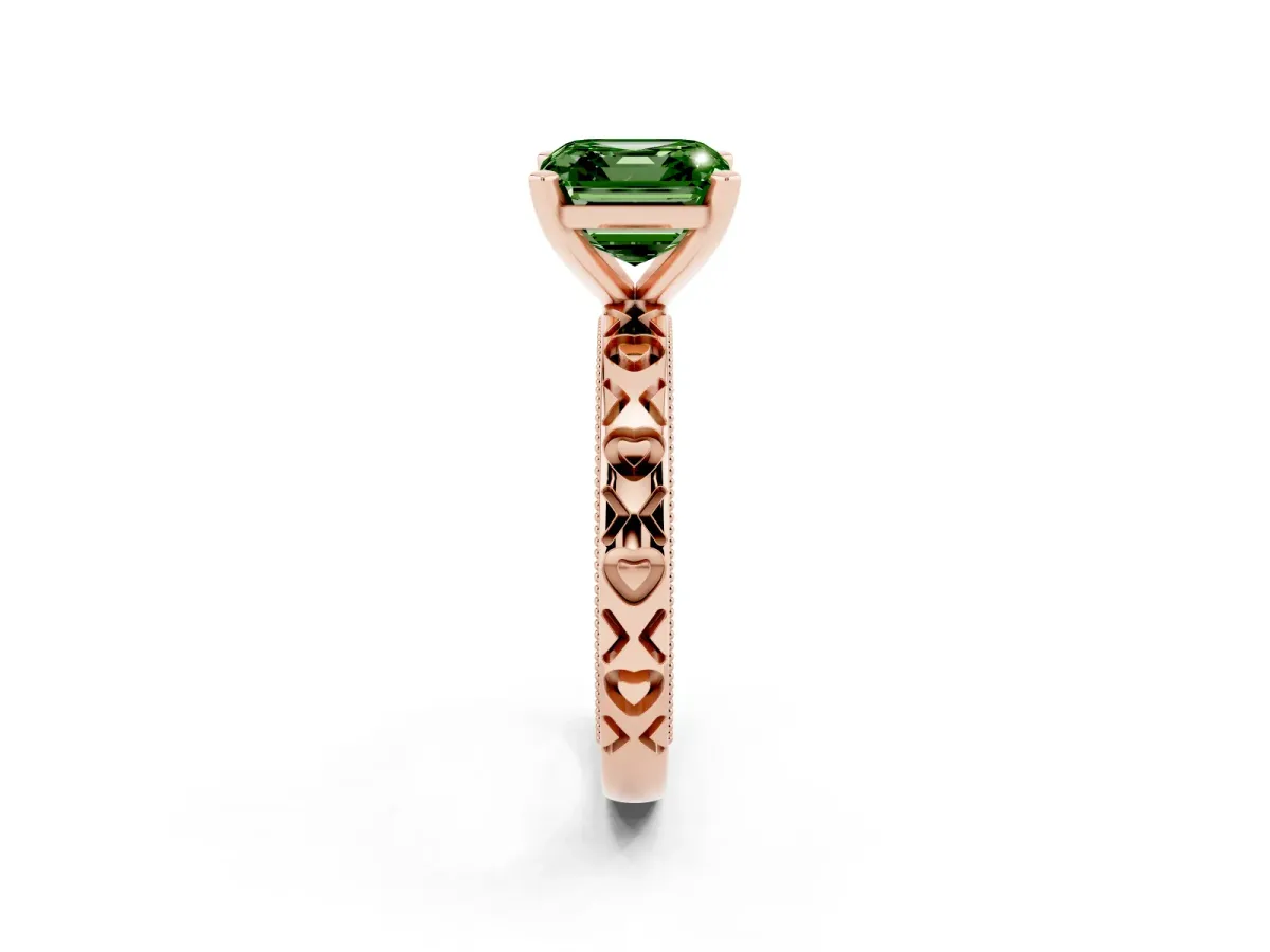 Fancy Green Asscher Cut Solitaire Diamond Engagement Ring with XO Engraved Band and Four-Prong Setting Rose gold