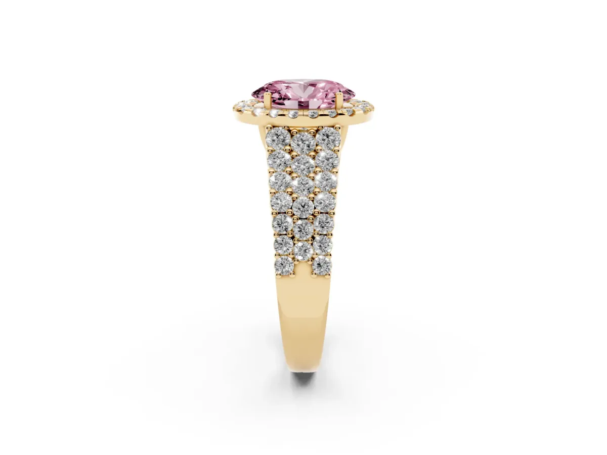 Fancy Pink Oval Cut Diamond Halo Engagement Ring with Triple Row Round Pavé Band and Prong Setting Yellow gold