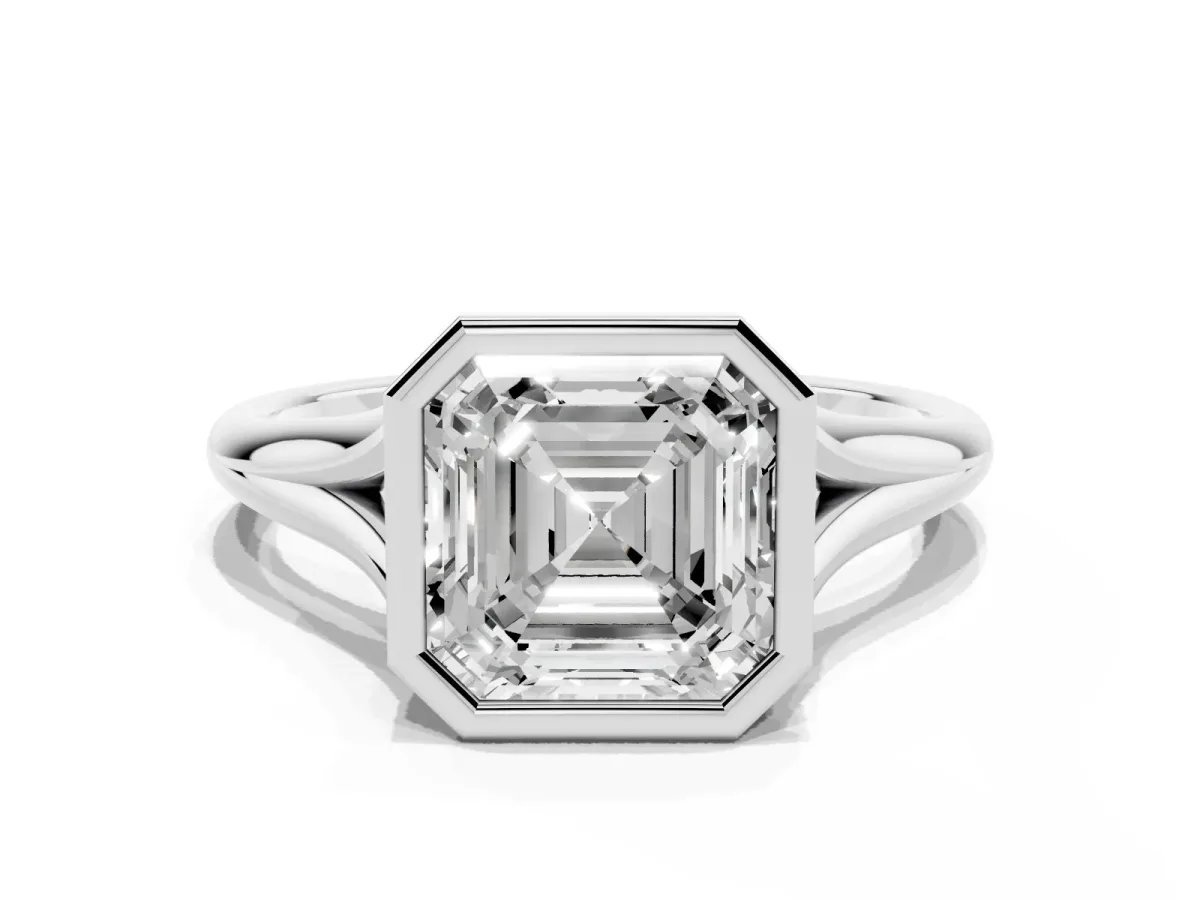 Bezel Set Asscher Cut Cut Solitaire Ring with Tapered Band Silver