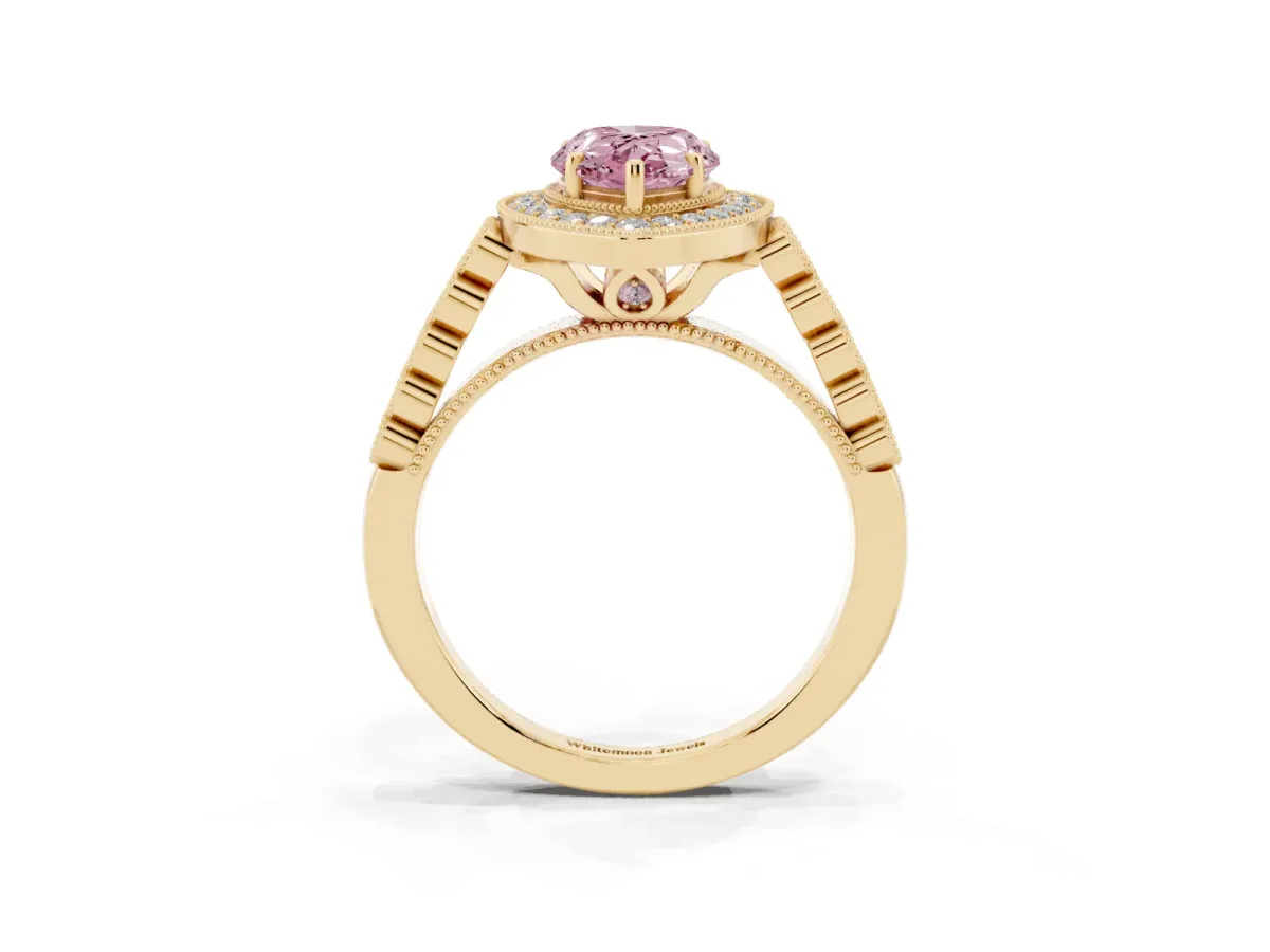 Fancy Pink Pear Cut Halo Milgrain Solitaire with Bezel Set Side Stones and Pave Band Yellow gold